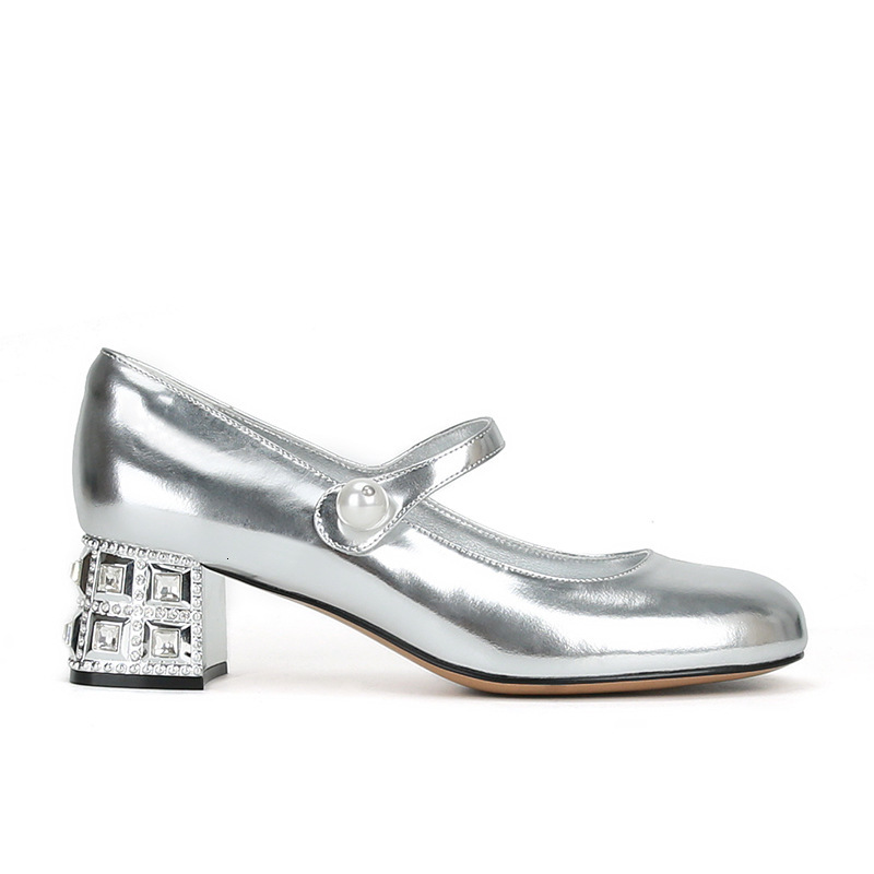Sheii Suyin Silver Single Shoe Round Toe Buckle With Rhinestone Thick Heels Mary Jane High ddmythur ddmythur