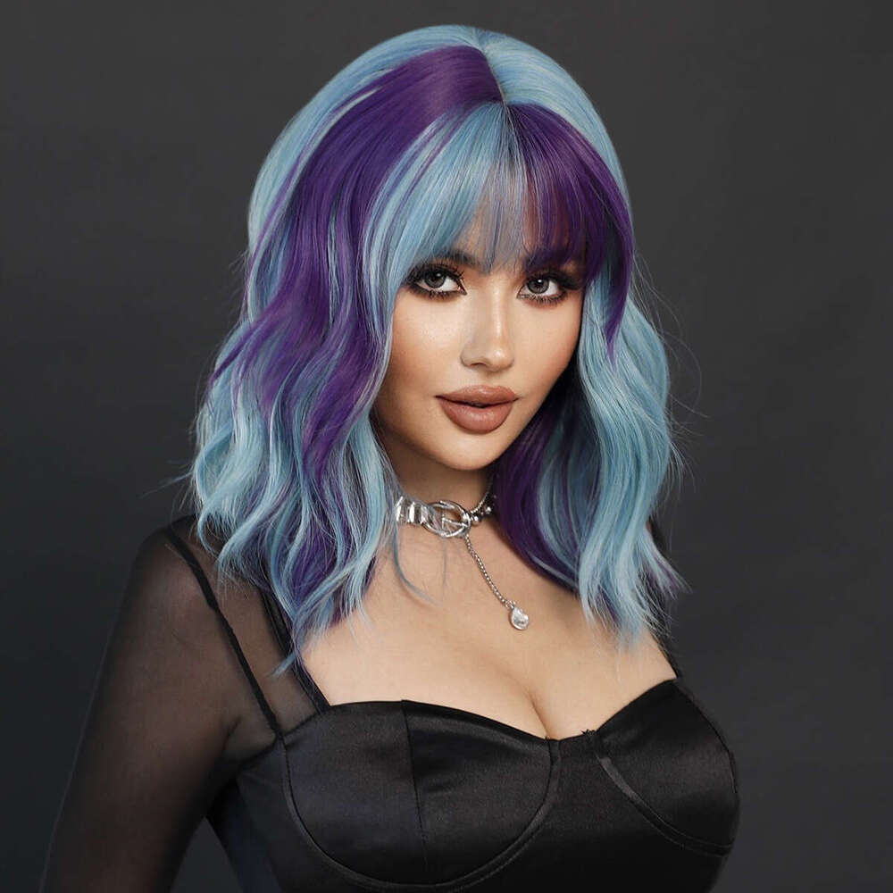 Wig, Women's Purple Blue Dyed Fashionable Full Head Cover, Short Curly Shoulder Length Hair, Halloween Wig, Short Wigs