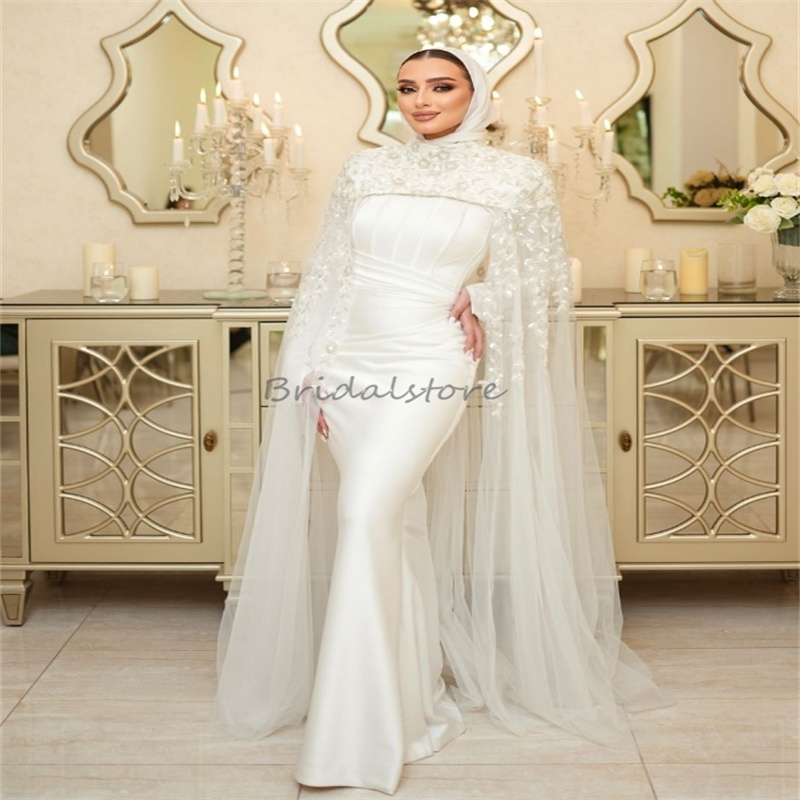 Graceful Mermaid Muslim Wedding Dresses 2025 Luxury Lace Caped Islamic Long Sleeve Bridal Dress Elegant Country Bride Dress Chic Civil Vestio De Novia