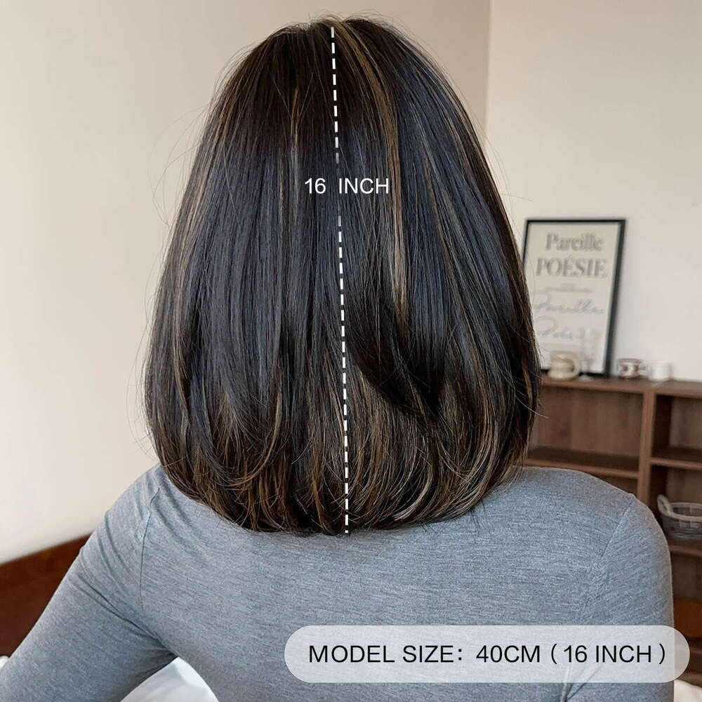 Women's Shoulder Length Bob Short Straight Hair Black Gold Spot Dyed Inner Button Layered Wig Full Head Set
