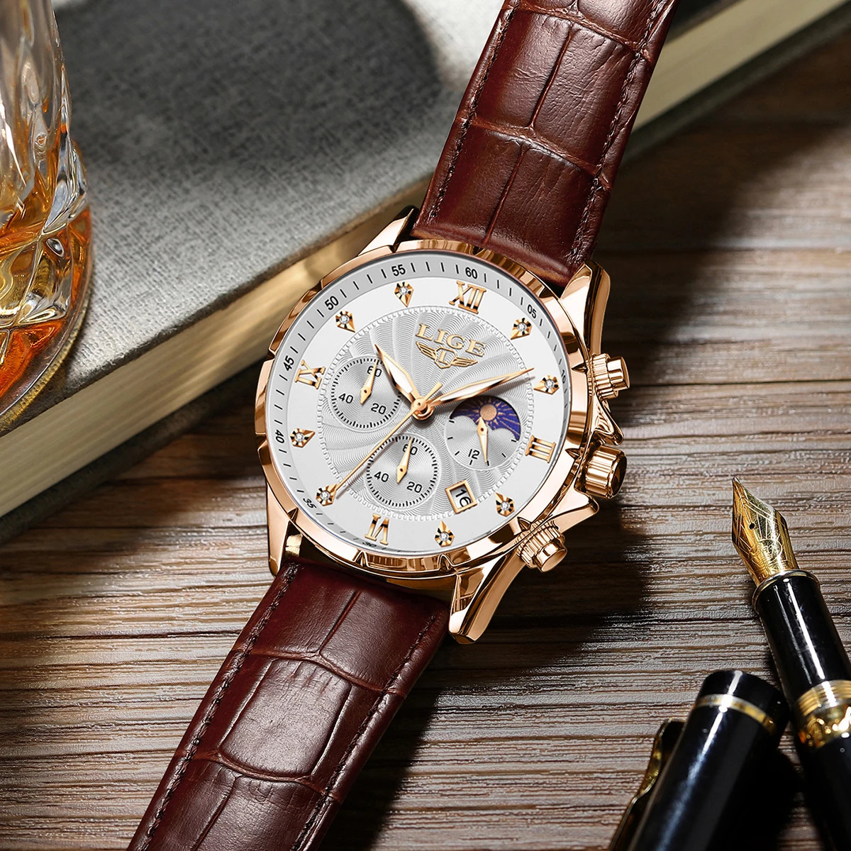 LIGE y Business Mens Watch Luminous Waterproof Leather Moon Phase Week Date Leisure Quartz Reloj Hombre 241009