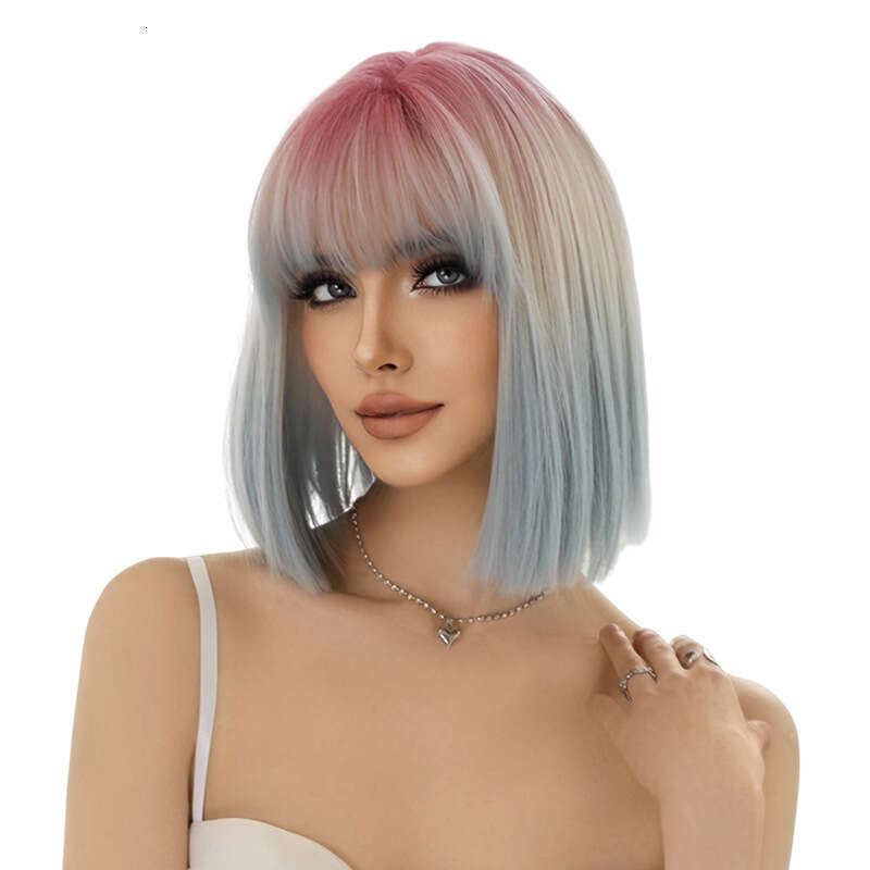 New Straight Women's Gradient Blue Air Bang Wave Short Hair Full Head Set Pink Bob Wig