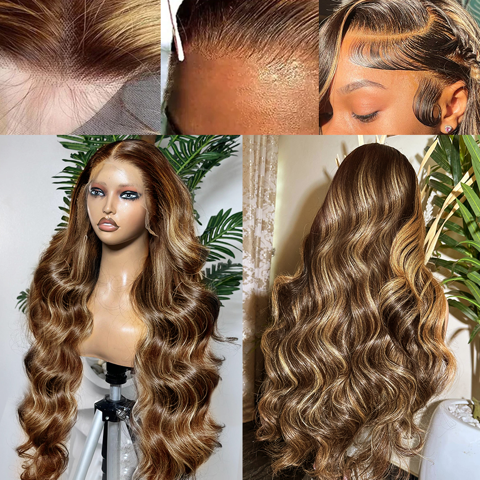 Body Wave 30 32 Inch 13X6 Ombre Highlight HD Frontal 13X4 200 Density 4/27 13X5 Wigs Lace Front Human Hair Wig Brown