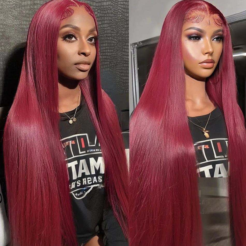 200 Density 30 32 Inch 99J Bury Straight 13X4 Front Human Hair Wig 13X6 Lace Frontal Wigs Red Curly Remy Brazilian Wine