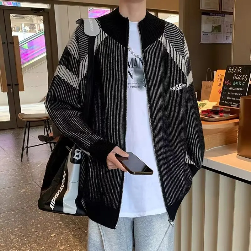 American Vintage Sweater Men Women Colorblock Panelled Zipup Cardigan Tops Standcollar Loose Longsleeved Casual Knit Unisex 241017