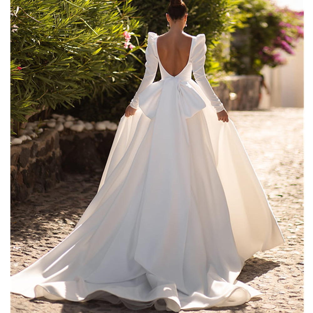 Modern Satin Wedding Dress Vestido De Noiva Boat Neck Long Sleeves Simple Backless Sweep Train Bride Bridal Gown with Big Bow