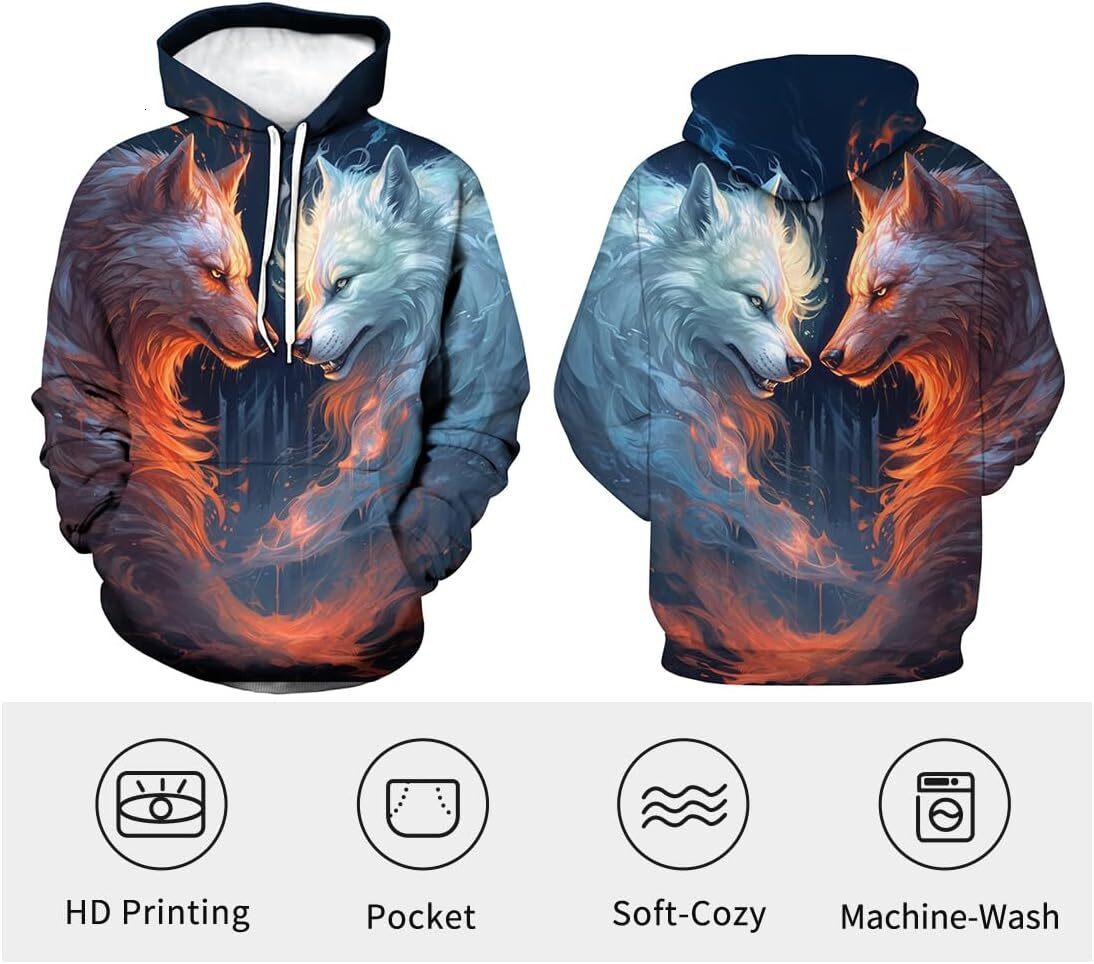 Hoodie for Mens Womens Mens Wolf Hoodie 3D Print Novelty Graphic Hoodies Fashion Wolf Pullover For Men Graphic Hoodies sweatshirt Fashionable and Warm