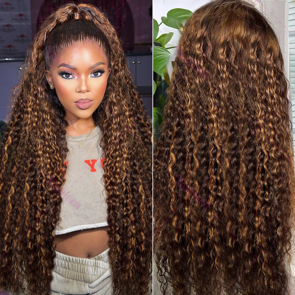 30 32 Inch Curly 13X6 Highlight Wigs Human Hair 100% HD Transparent Lace Front 4/27 Ombre Brown 13X4 Deep Wave Frontal Wig