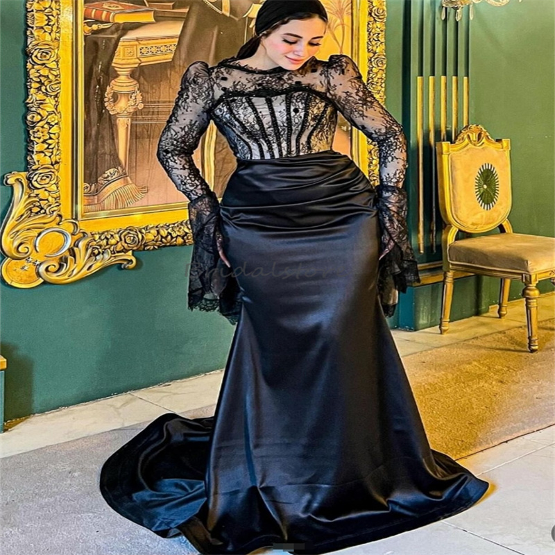Plus Size Black Muslim Evening Dresses 2025 Lace Long Sleeve Mermaid Prom Dress Saudi Arabic Formal Occasion Birthday Party Gown Elegant Vestio De Fie