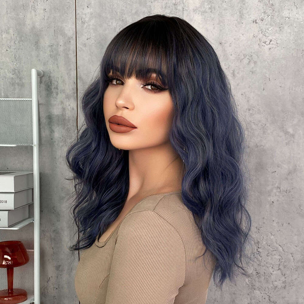 Japanese And Korean Women's Haze Blue Wave Medium Long Curly Hair High Temperature Silk Wig Set Blue Wigs