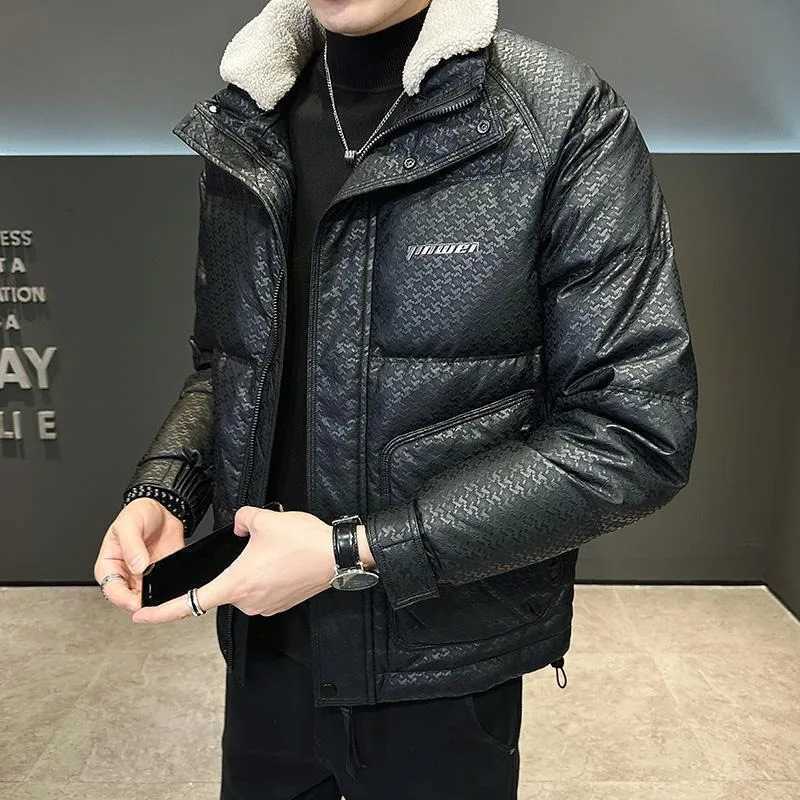 Winter mens leather jacket mens short sleeved cashmere collar coat thick warm and casual plus size solid color coat X241017
