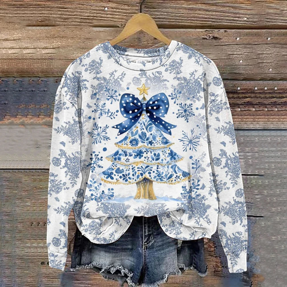 Christmas Womens Hoodie Round Neck Long Sleeved Sweatshirts Tree Printed Clothing Fashion Party Autumn Winter 241017