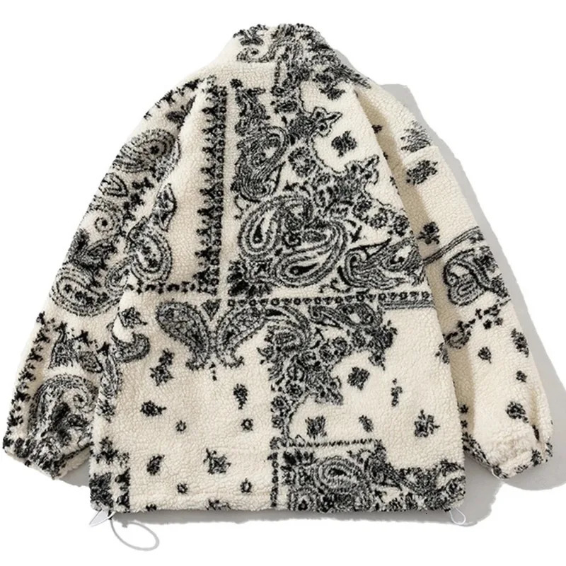 Winter wool jacket mens zipper camouflage open collar casual bandana jacket loose cashmere womens paisley polar jacket Y2k 241009