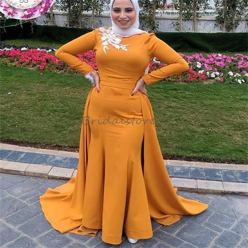 Elegant Orange Islamic Evening Dress With Overskirt High Neck Mermaid Dubai Arabic Prom Dresses Long Sleeve Special Occasion Birthday Reception Party 