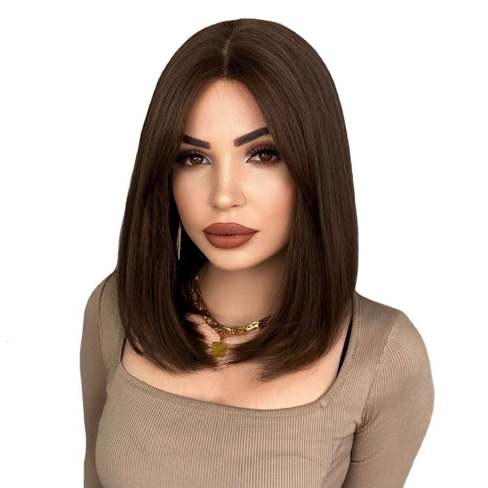 Ladies' Little T Front Wig Synthetic Full Headset Brown Short Straight Hair Mid Split Bob Lace Wigs