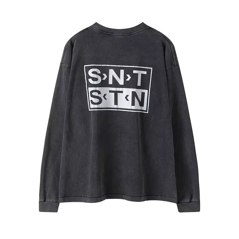 Casual Washed Saint Long Sleeve Tee Men Woman 1 fw Quality Vintage Letter Printing Damaged High Street Top 241016