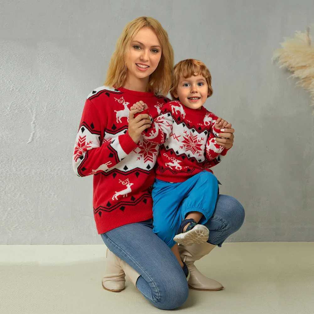 Christmas Mother and Daughter Sweater Snowflake Pattern Long Sleeve Pulling Flower Knitted Parachute Family Matching Clothing Children 2-6Y W241015