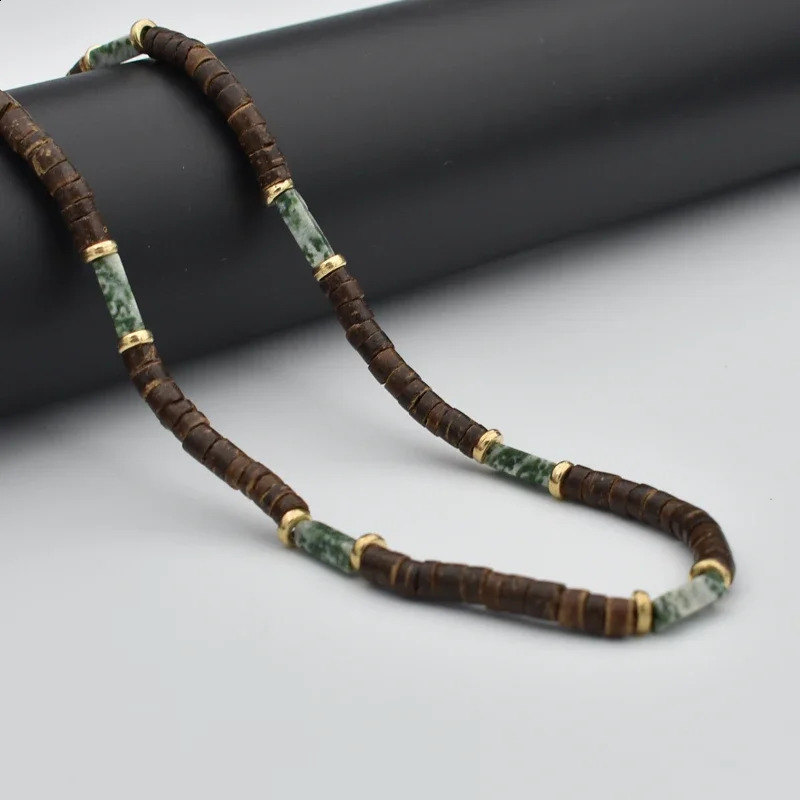 Retro pastoral style bead necklace mens natural coconut shell blue-green stone surfing necklace mens tribal jewelry gift 241017
