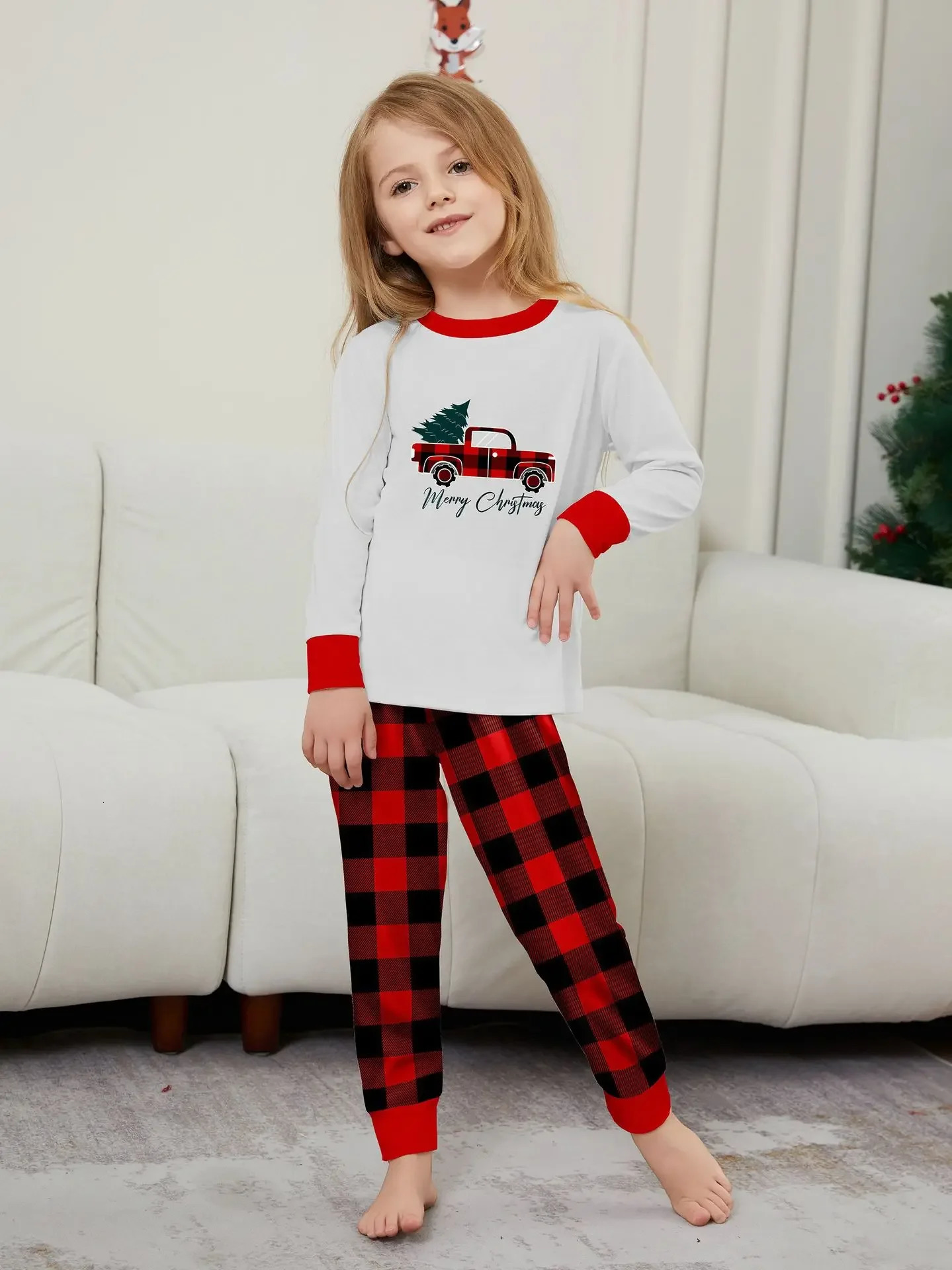 Cartoon Plaid Christmas Clothing Set for Family Adults Kids Matching Outfits Casual Soft 2Pcs Suit Baby dog Romper Xmas Look 241017