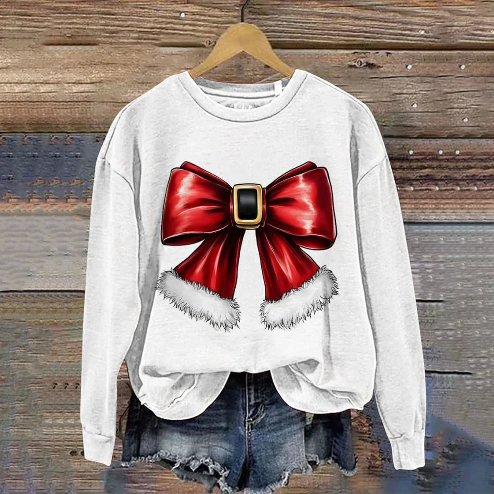 Womens Casual Sweatshirt Christmas Bow Print n Autumn Thin Girls Gift Holiday Premium Hoodie 241017