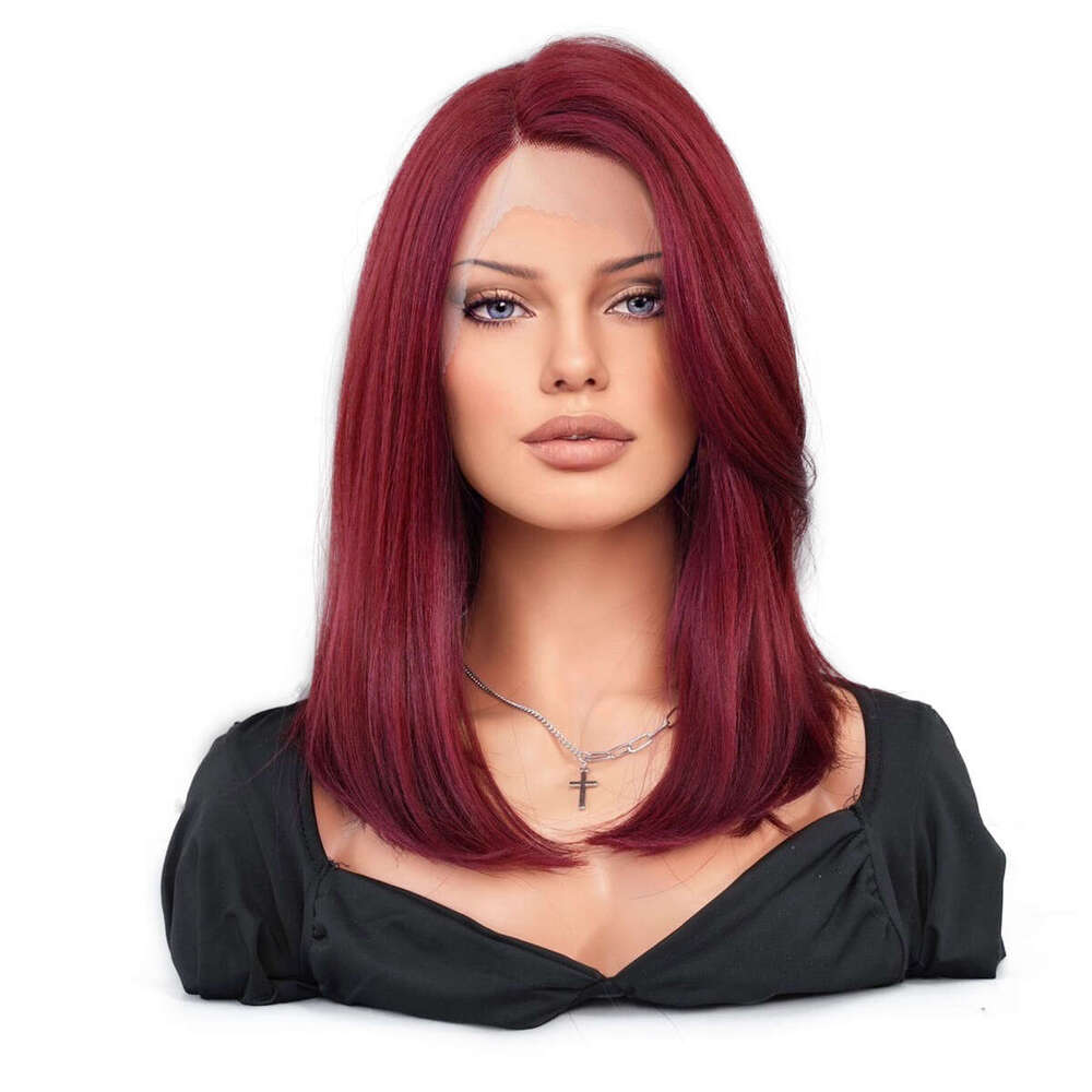 T Part Front Lace Purple Red Female Full Head Cover Shoulder Straight Hair Side Split Natural Wig