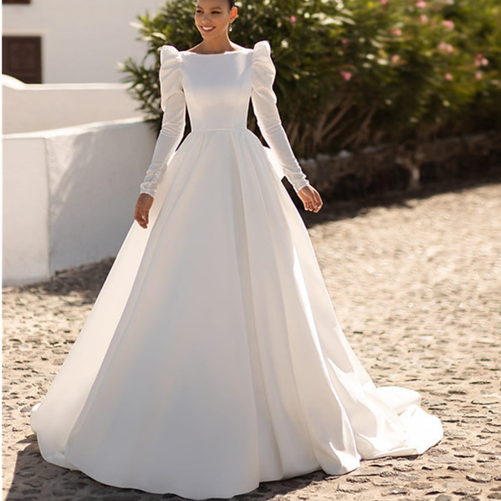 Modern Satin Wedding Dress Vestido De Noiva Boat Neck Long Sleeves Simple Backless Sweep Train Bride Bridal Gown with Big Bow