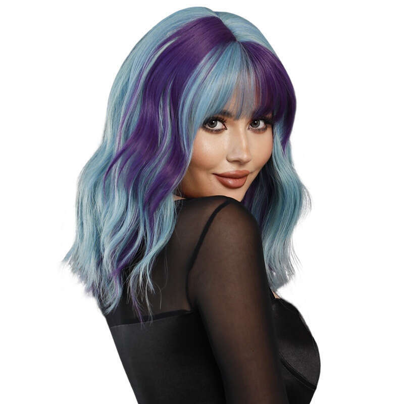 Wig, Women's Purple Blue Dyed Fashionable Full Head Cover, Short Curly Shoulder Length Hair, Halloween Wig, Short Wigs