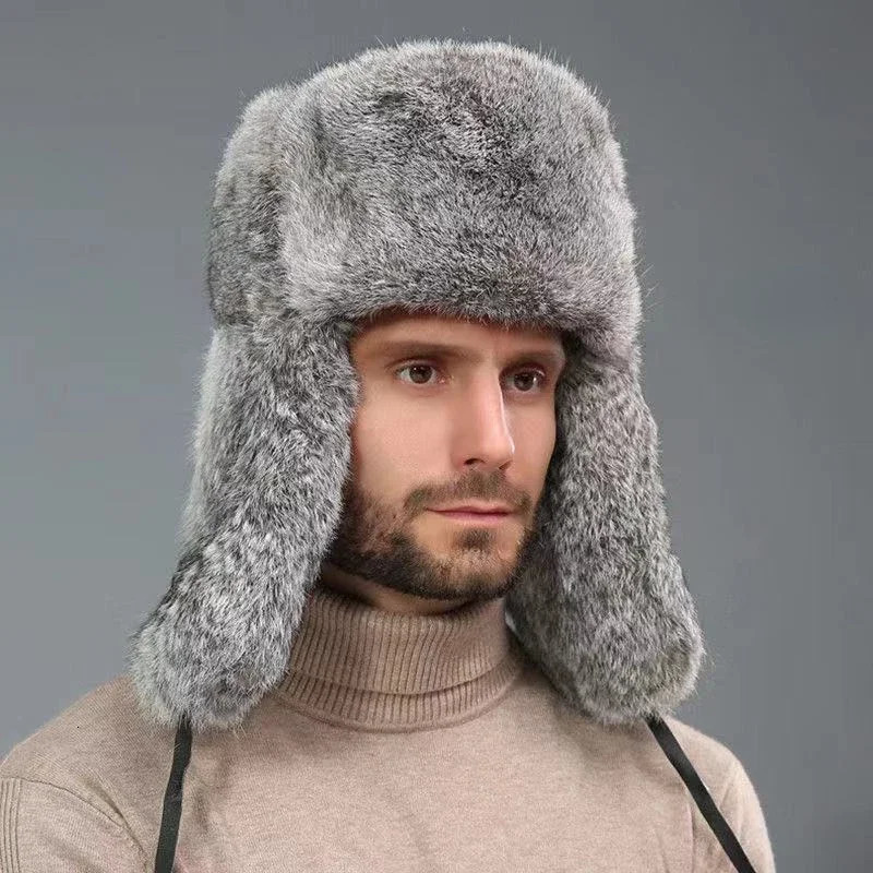 Winter Russian Man Woman Wholeskin Faux Rex Rabbit Fur Hats Faux Sheep Skin Leather Cap Fur Bomber Hat Ushanka Hats 241009