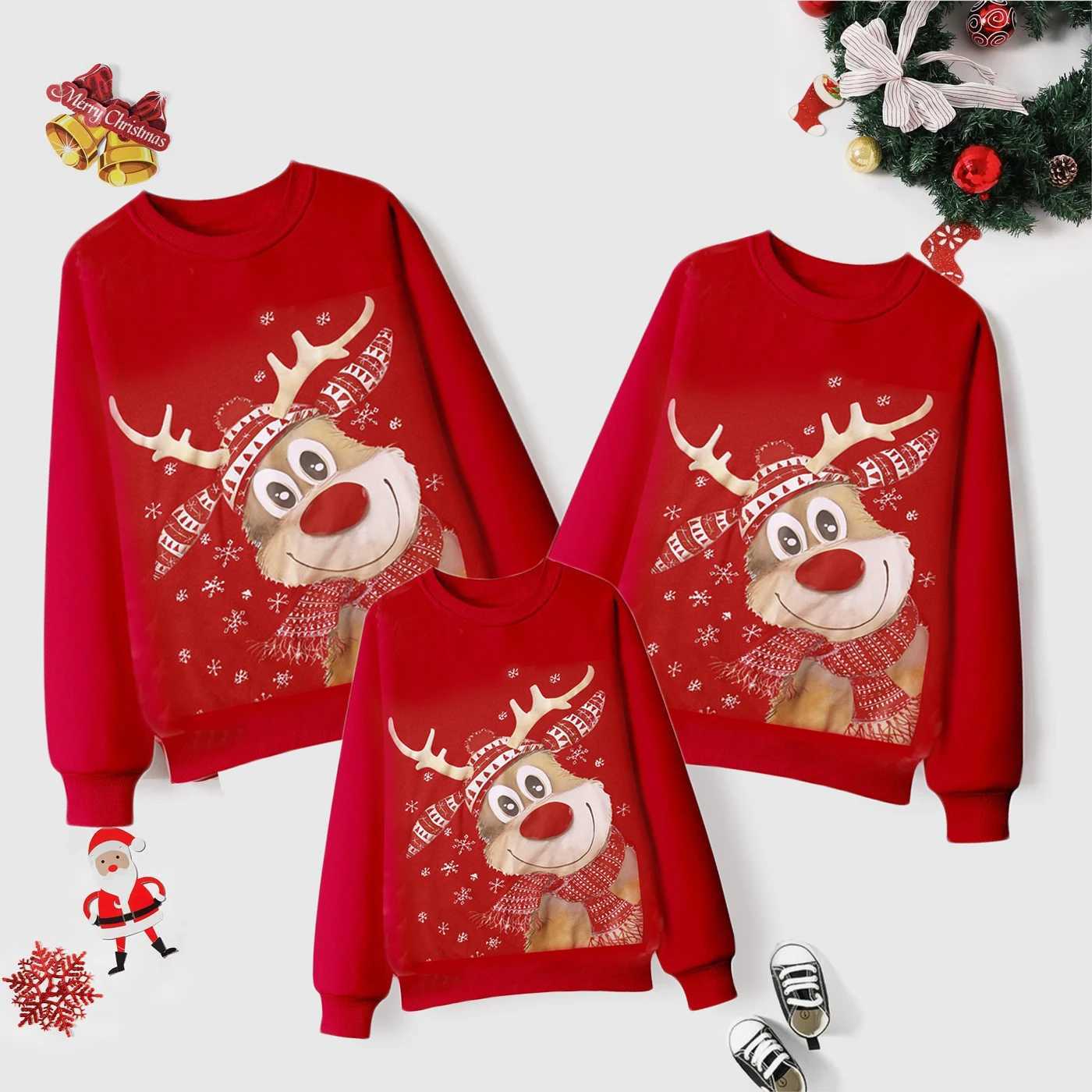 Christmas Family Appearance Matching Set Sportswear Pulling 3D Cartoon Reindeer Print Matching Hoodie O-Neck Wool Top Christmas W241015