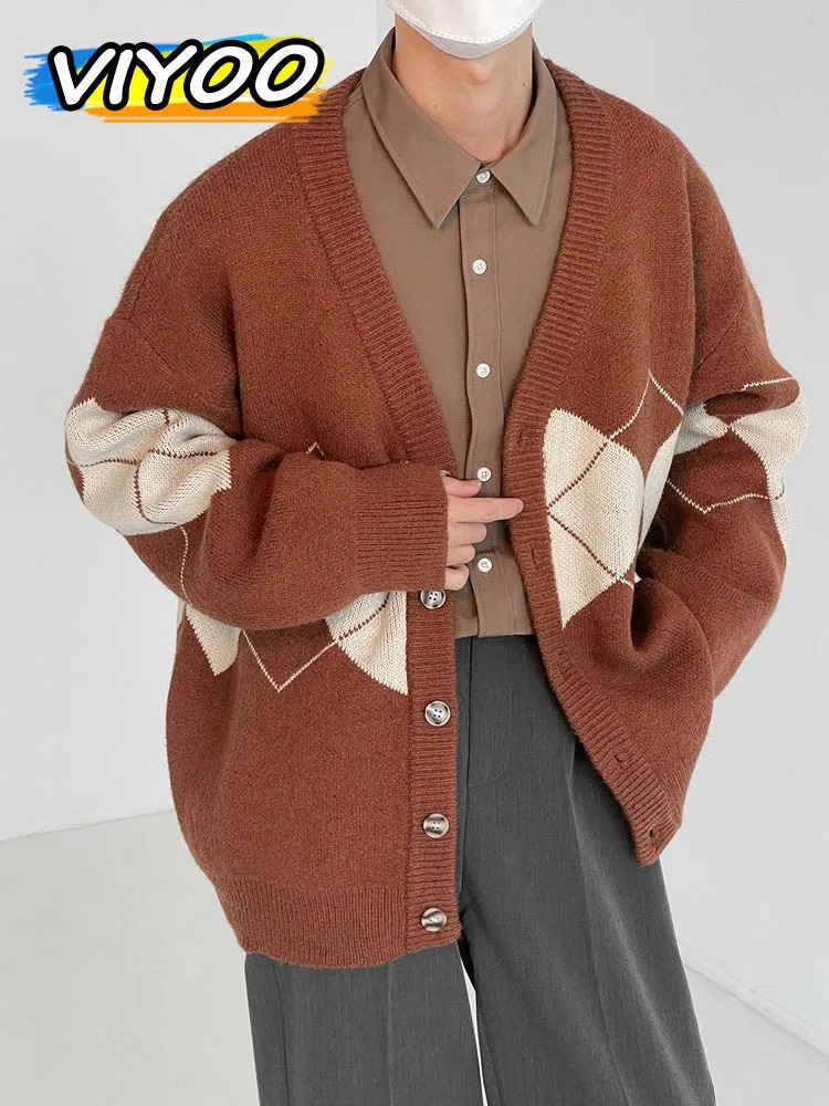 Mens Brown Y2K Knit Sweater Cardigan Retro Winter Blouse Outerwear Knitwear Korean Autumn Clothes Male 241017