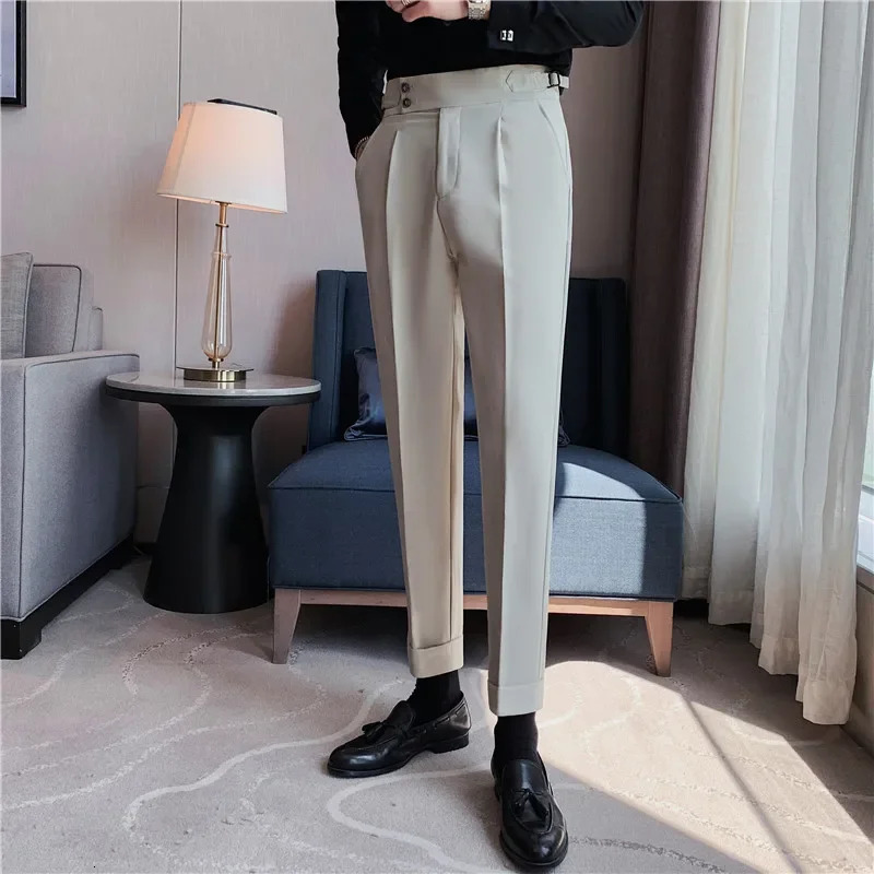 British style dress pants high waisted mens spring fashion ultra-thin casual mens pants blue black business formal suit pants mens clothing 241017
