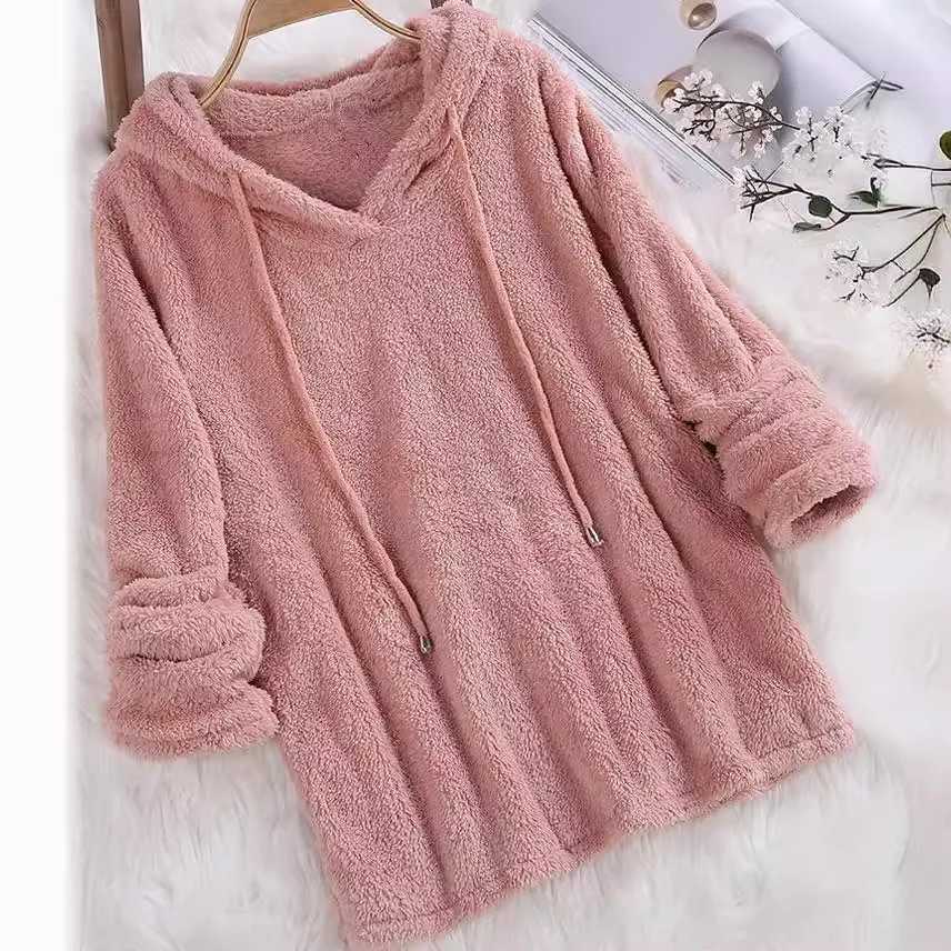 Women Fleece Sweatshirts Casual Female Tie Collar Long Sleeve Pullover Loose Velvet Hoodie Coats Homewear NMD-9301X241016