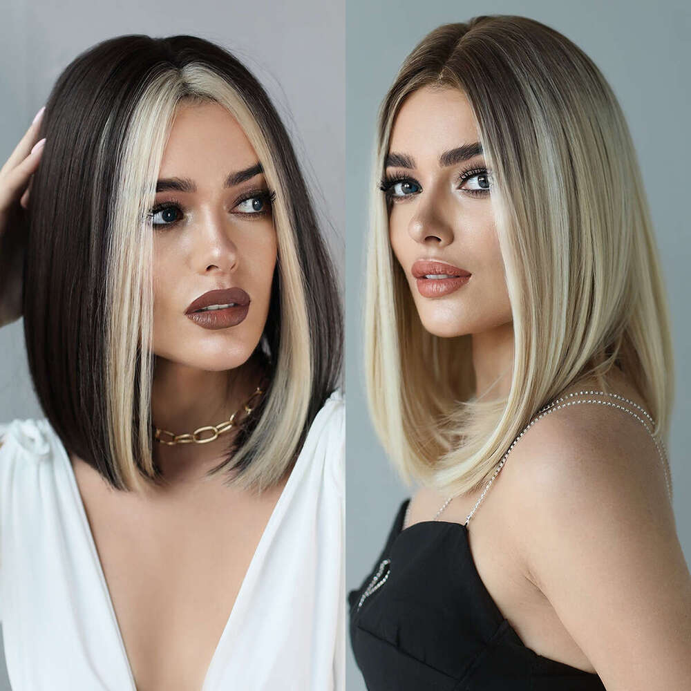 Women's Shoulder Length With Full Head Golden Highlights, Small T-Front Lace Wig, Synthetic Fiber Hand Woven Wig