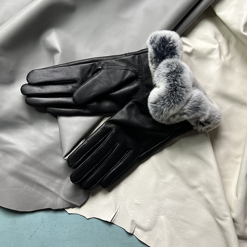 Autumn winter women's genuine leather gloves 100% real rex rabbit fur genuine sheepskin mittens black red blue pink