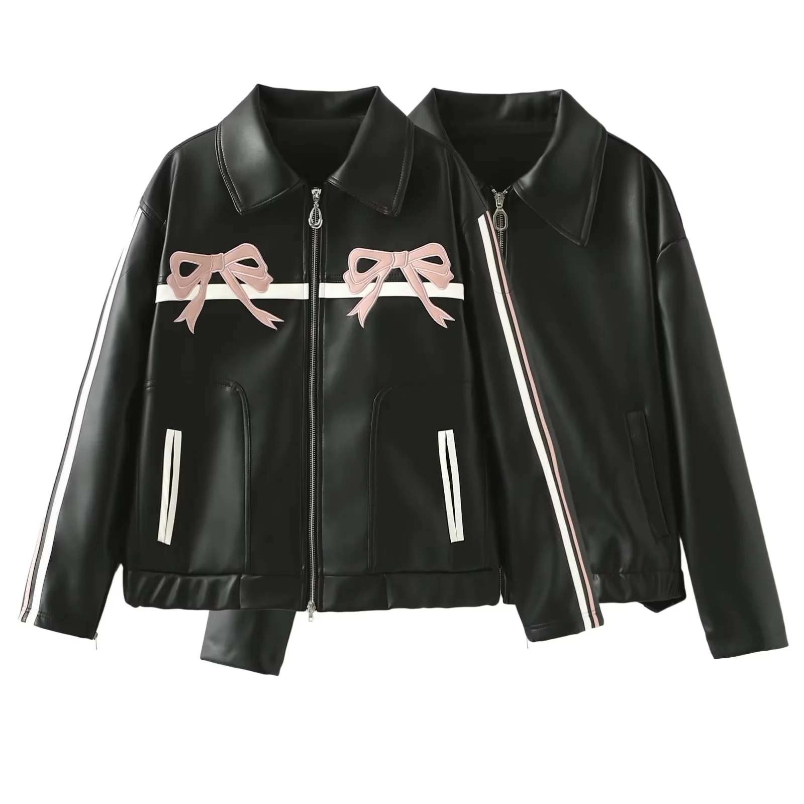 Pink Bow Motorcycle Jacket Women's Coat With Zipper Outwear Black Pur Leather Inszartrafs Chaquetas De Cuero Para Mujer