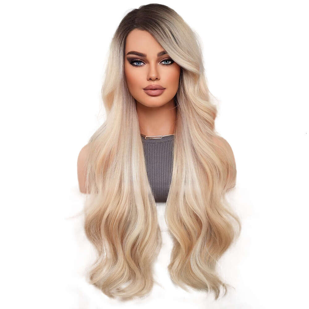 New Synthetic Wave Wig Full Head Set Orange Gold Side Split T-Part Lace Wigs