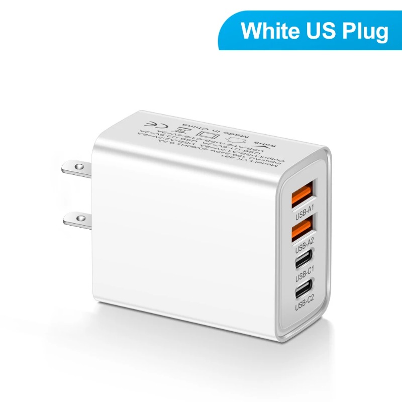 40W 4-Port Block Charging Dual Type C Power Adapter+QC Double USB A Port Wall Plug Multiple Mobile Phone Charger for iPhone Samsung