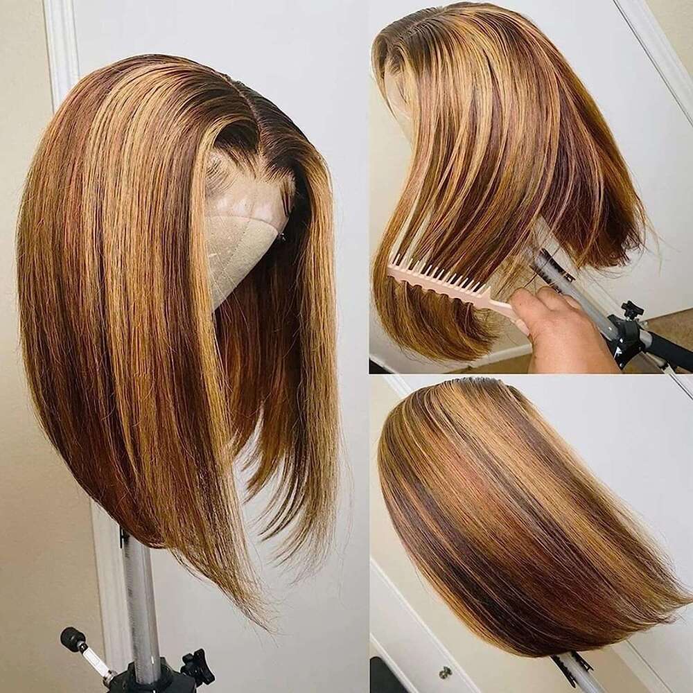 Wear And Go Glueless Ombre Highlight Bob Wig For Women 4X4 Straight Lace Closure Wigs Human Hair