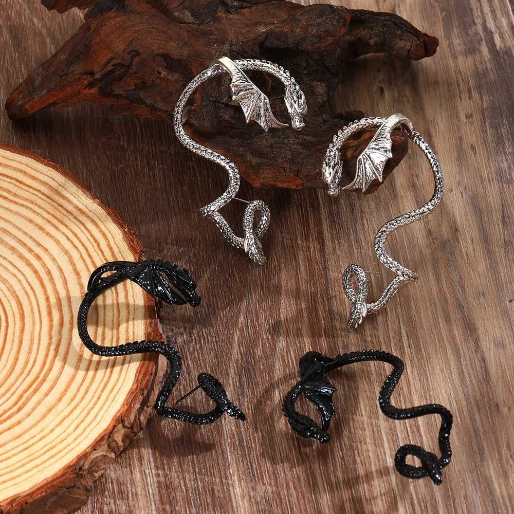 New Fashion Gothic Punk Retro Metal Wing Flying Dragon Earrings Cuff Earrings Suitable for Womens Party Jewelry W241017