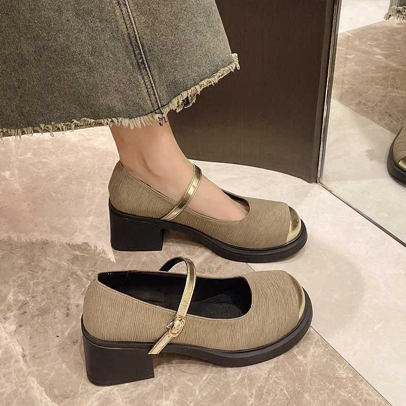 2024 New High Heels Mary Simple Shoes Fashion Metal Round Toe Womens Shoes Retro Thick High Heels Ballet Shoes Shallow Pump Y241017