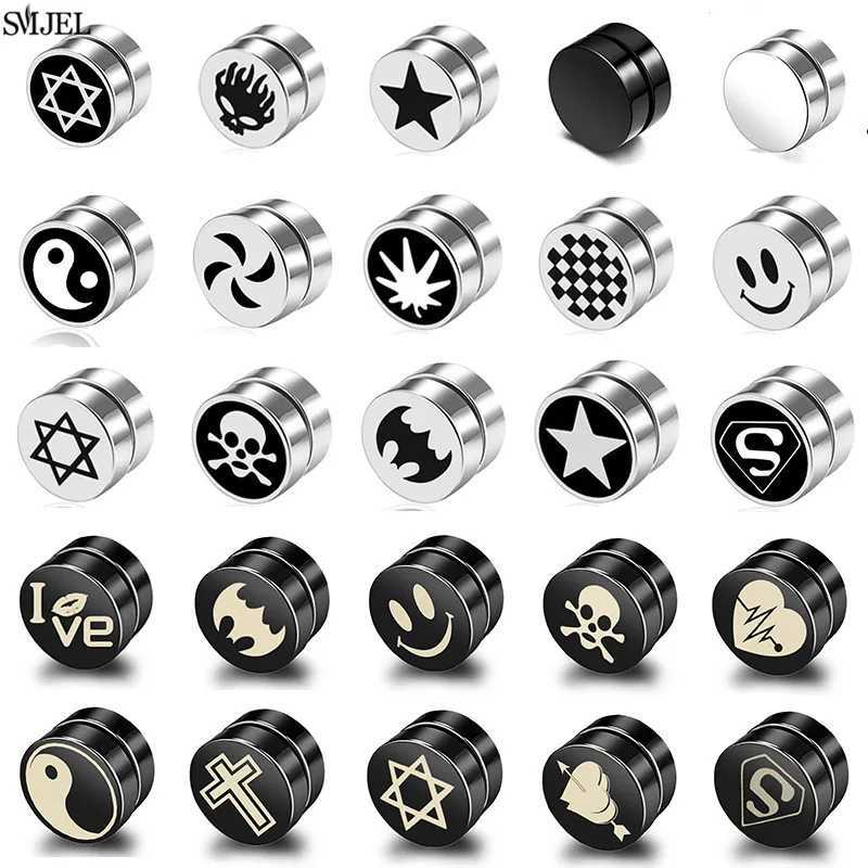 Stainless steel non perforated magnetic stud earrings unisex punk black heart star cross skull ear clip jewelry fake perforation gift W241017