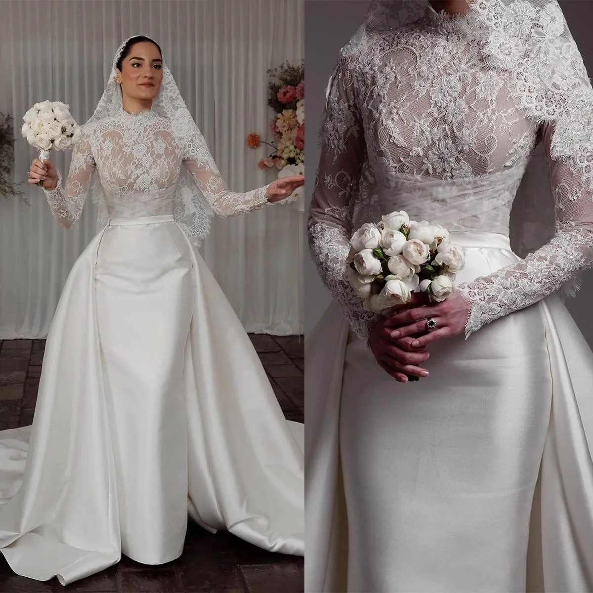 Luxurious Plus Size Mermaid Wedding Dresses 2025 Lace High Neck Long Sleeve Bridal Gowns Illusion Sweep Train Custom Made Dress