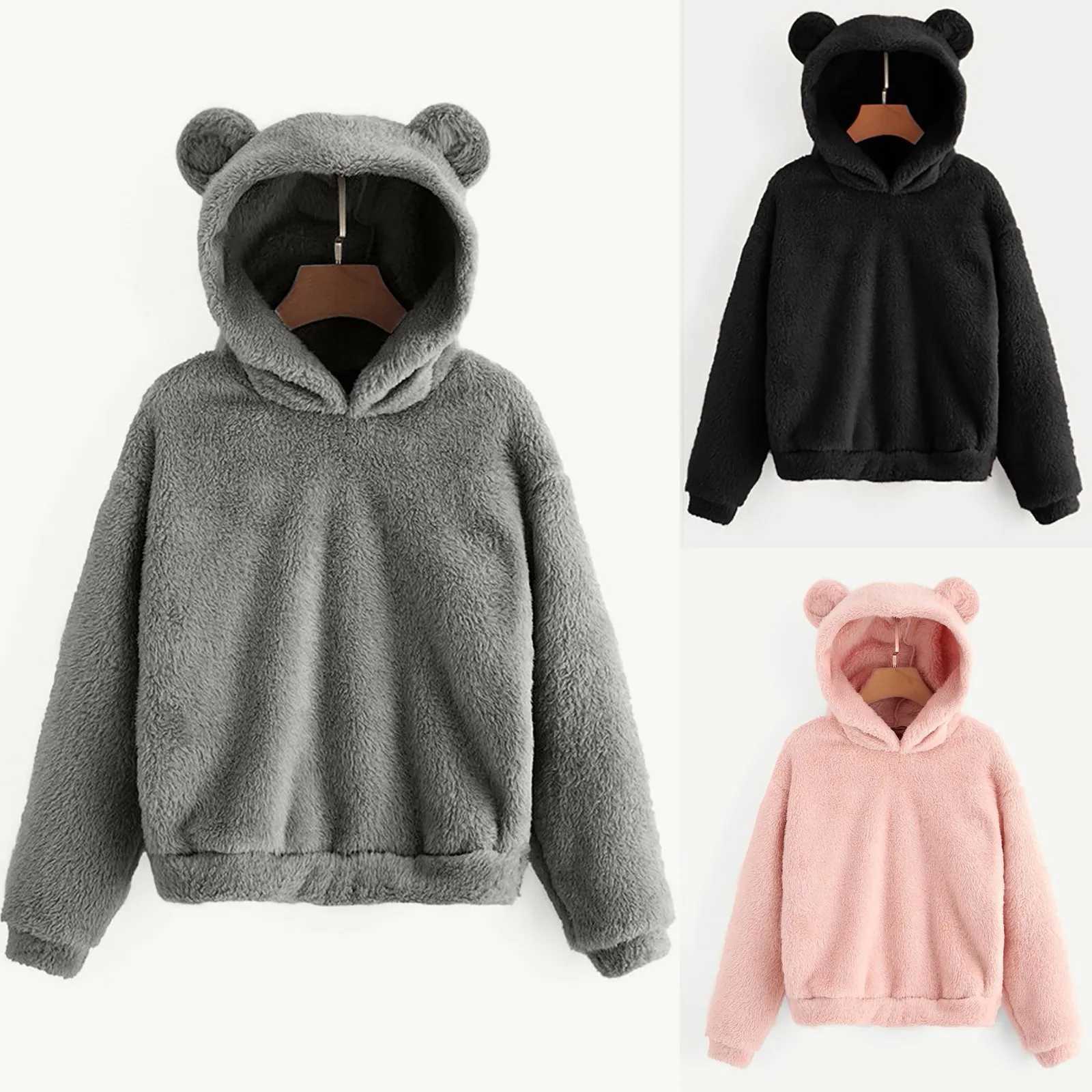 Womens Pullover Long Sleeve Fleece Sweatshirt Warm Bear Shape Fuzzy Hoodie Sweater PulloverX241016