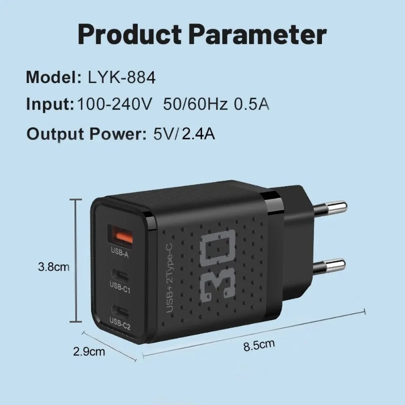 3Ports USB C Charger Fast Charging Wall Charger 30W Type C Power Adapter + 2USB A Wall Plug For iPhone Samsung Xiaomi Huawei Mobile Phone Adapter