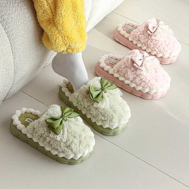 Soft Bow Winter Womens Slippers Home Cotton Shoes EVA Artificial Plush Fur 4cm Thick Platform Womens SandalsCL241017