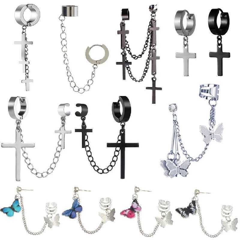 Punk one-piece clip earrings butterfly cross pendant tassel chain clip earrings womens earrings cuff pendant earrings jewelry gifts W241017