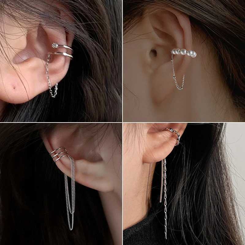 1 piece of fashionable imitation pearl silver chain earrings with cuffs non perforated fake cardboard box clip earrings suitable for female friends je