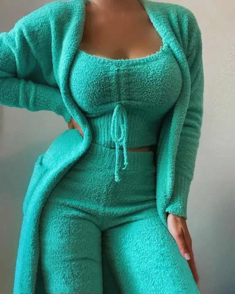 2024 Autumn Winter Womens Plush Pajama Set Crop TopPantsCoat 3-Piece Set Family Clothing Matching Set Warm Pajama Pjs 241017