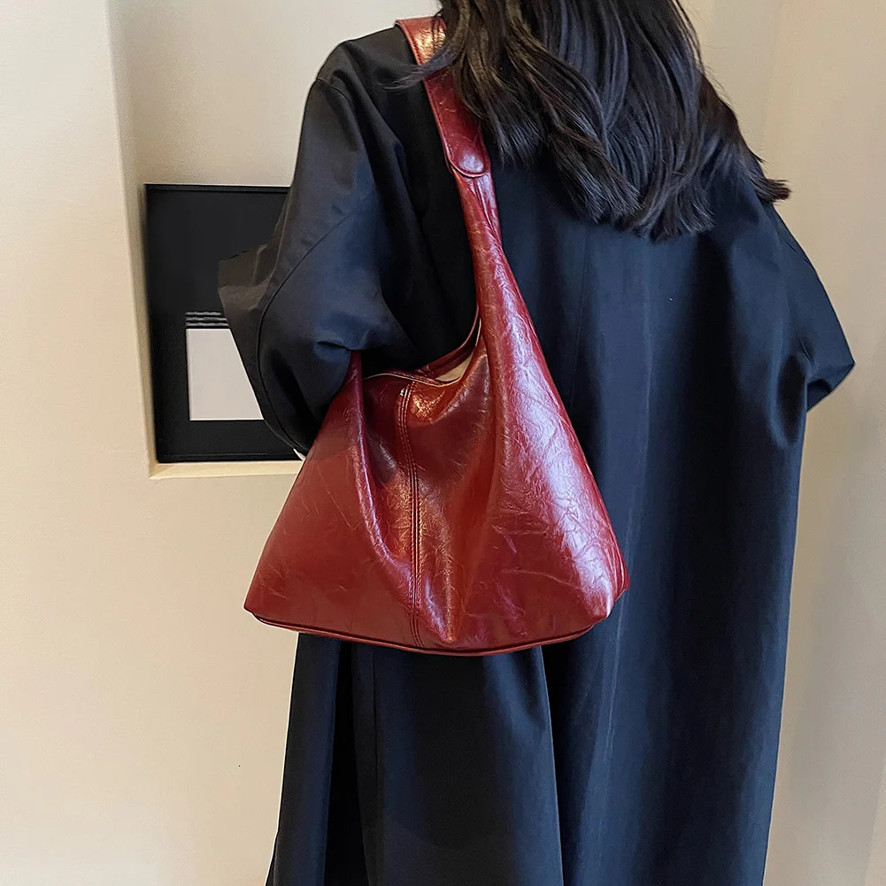 2025 NEW Soft PU Leather Shoulder Women Vintage Wine Red Underarm Hobo Large Handbag and Purse Bags Female Tote Bag 241016 zhanyishengli