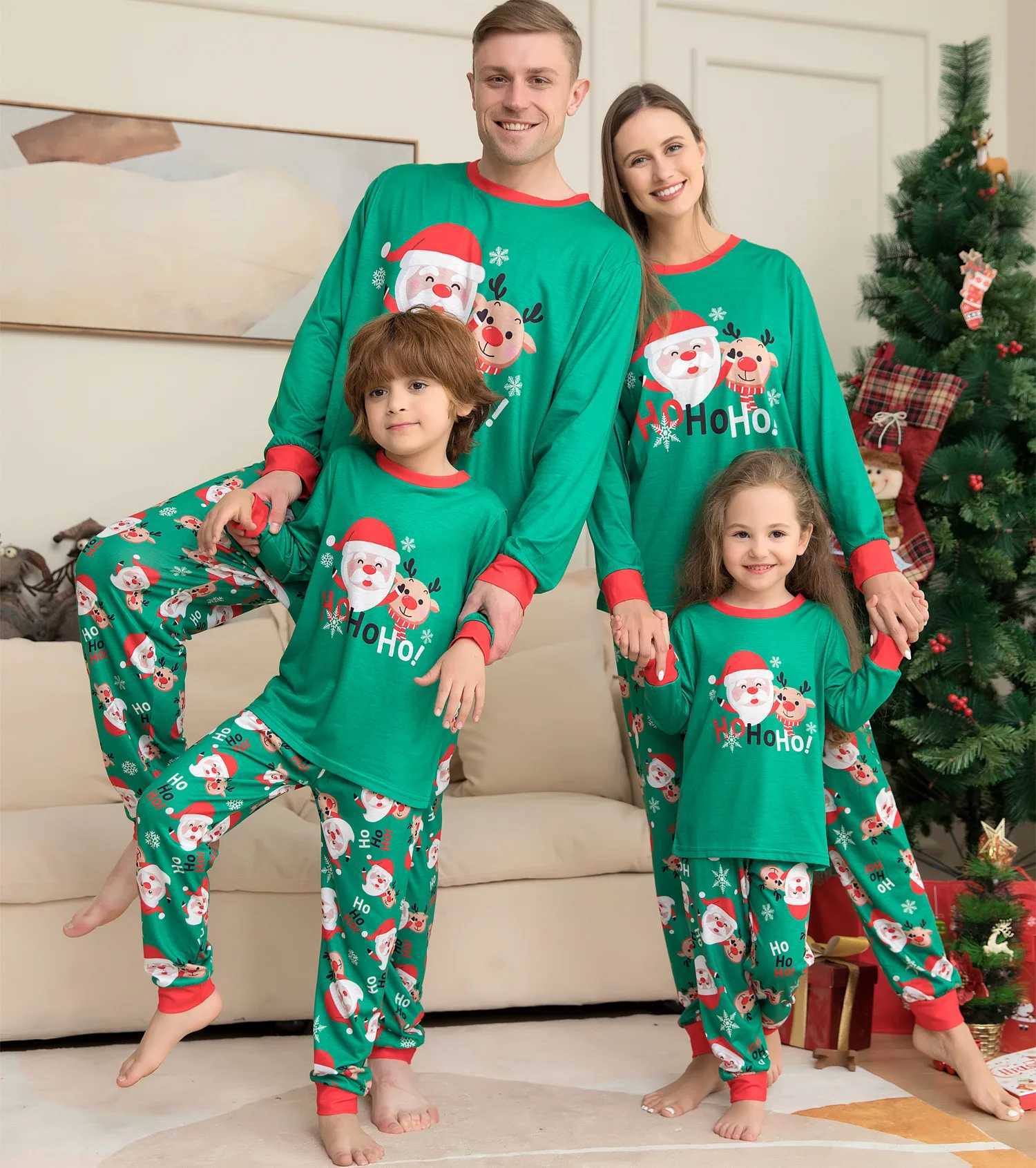 New Christmas 2024 Mother Father Child Matching Set Santa Claus Printed Pajama Set Family Baby Dog Hoodie Green Christmas Appearance W241015